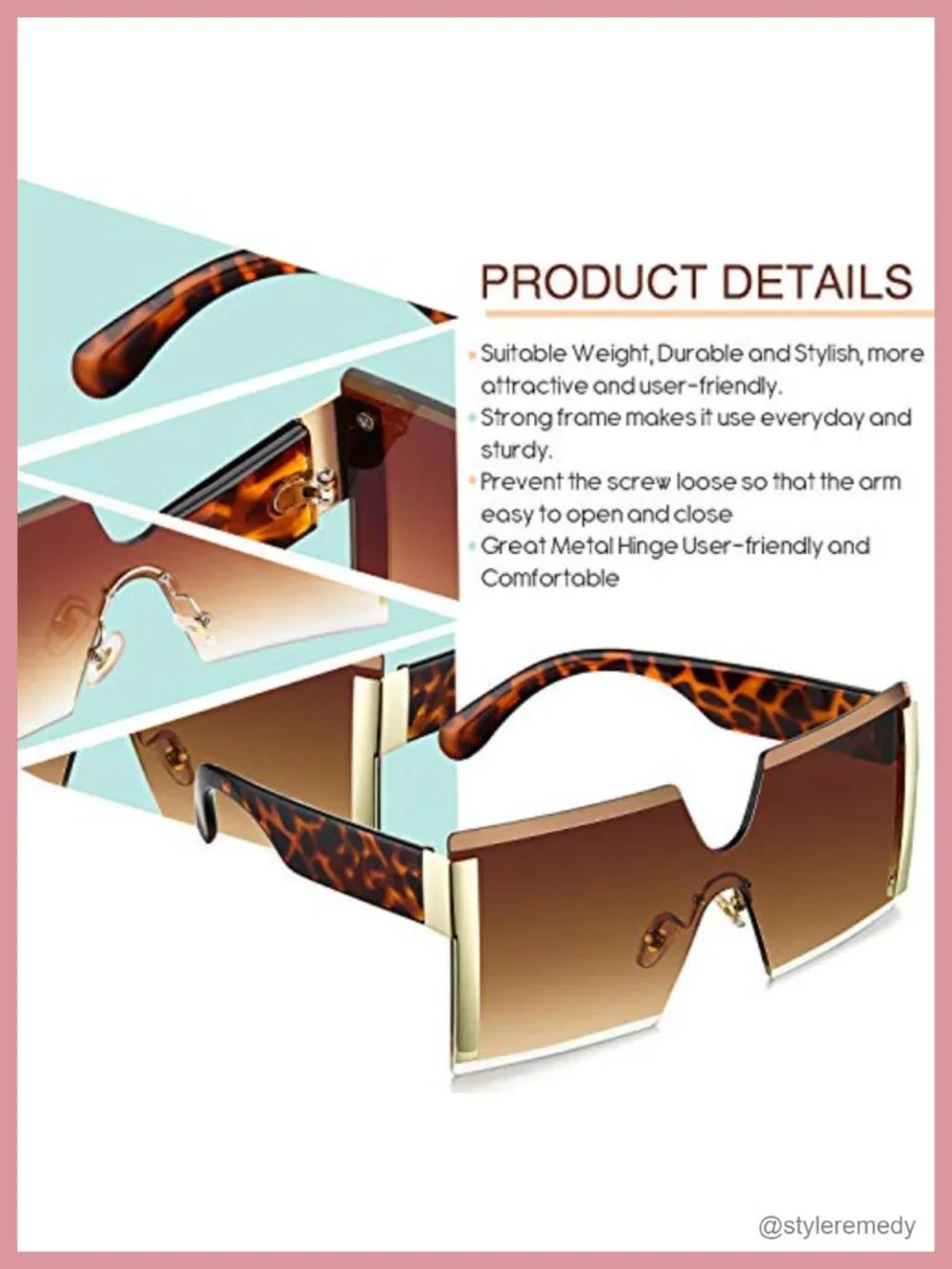 3 Pairs Oversized Square Rimless Sunglasses Women Trendy Plastic Frame UV